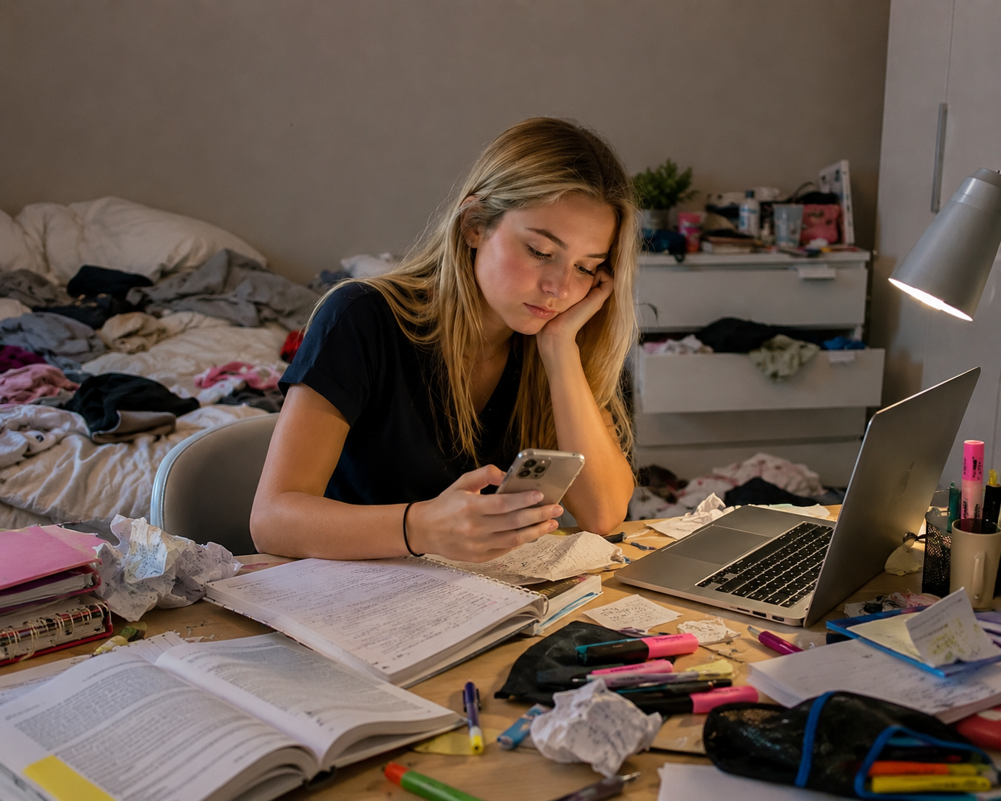 Jovem sobrecarregado diante dos estudos