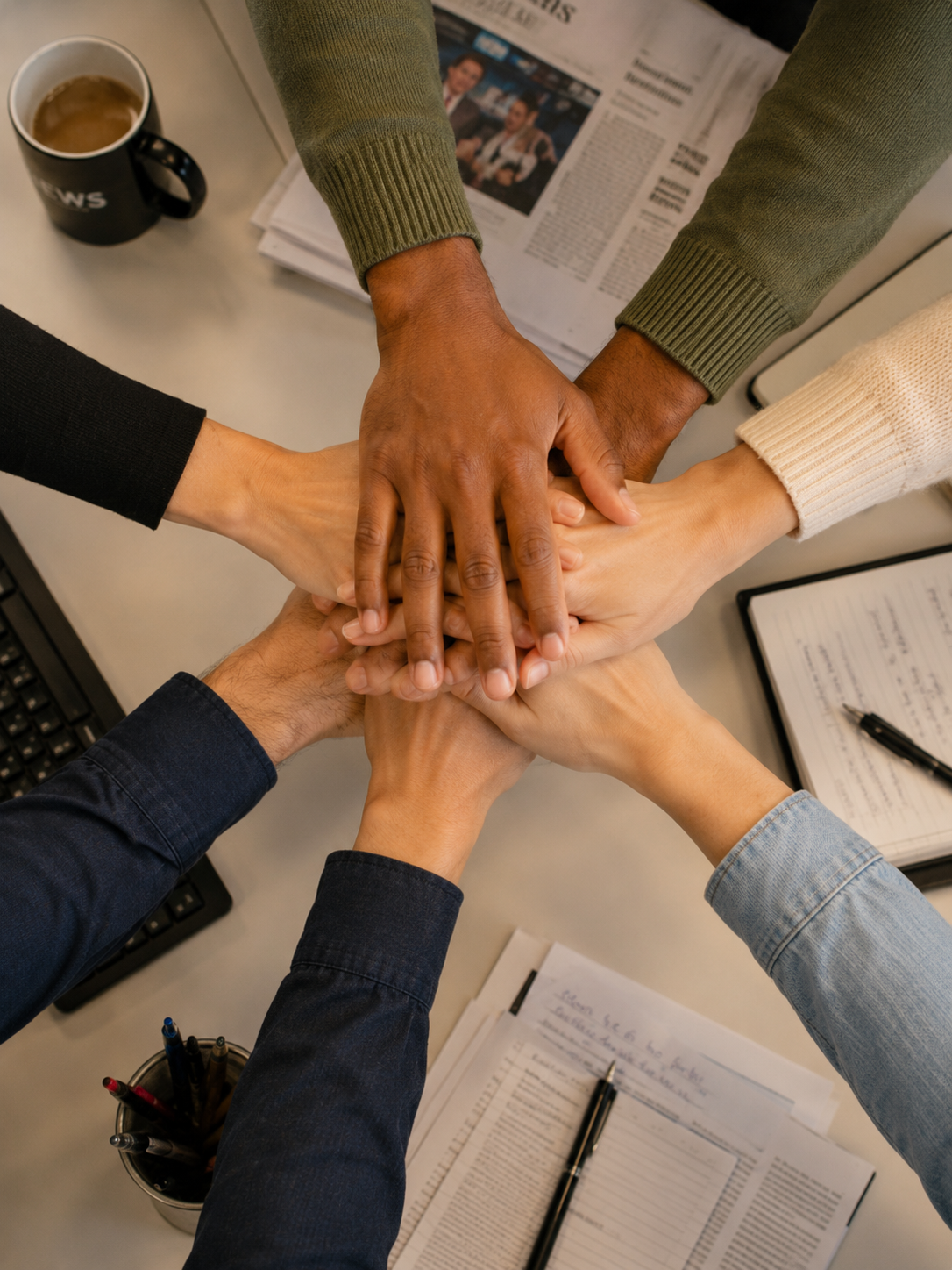 Equipe com as m&atilde;os unidas representando colabora&ccedil;&atilde;o e cultura de cuidado