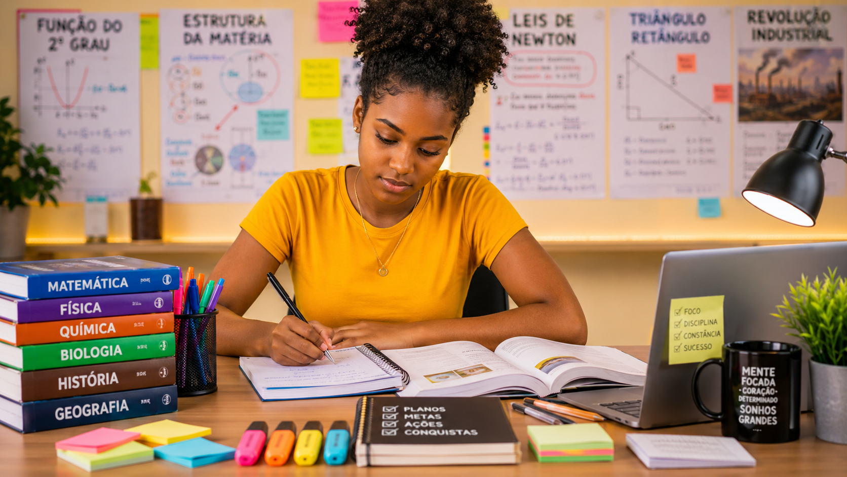 Jovem feliz e confiante em ambiente de estudo