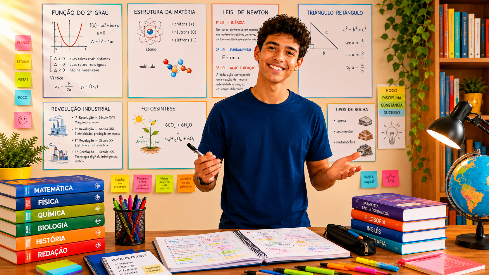 Jovem sorridente estudando com materiais organizados